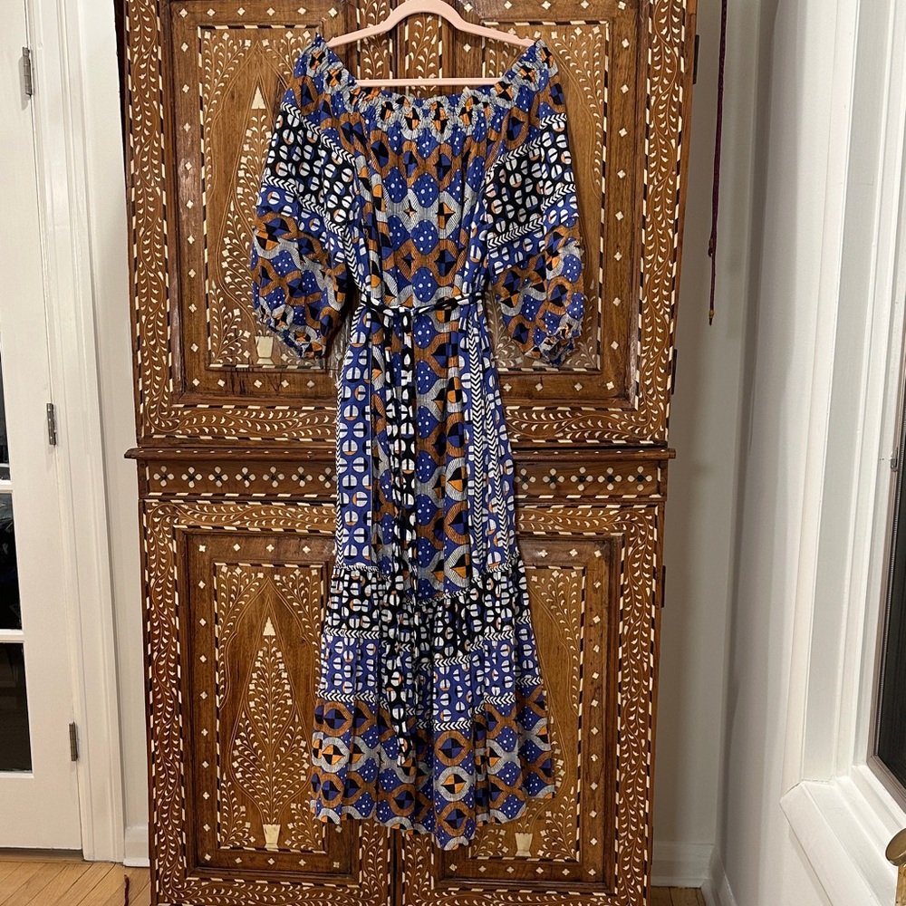 Anthropologie Blue and Brown Long Sleeve Dress